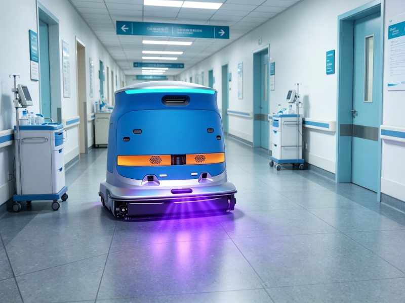 Autonomous Commercial Cleaning Robot AI Vision UV-C Sanitizing Functions autonomous commercial cleaning robot AI vision spill detection UV-C sanitizing robot functions