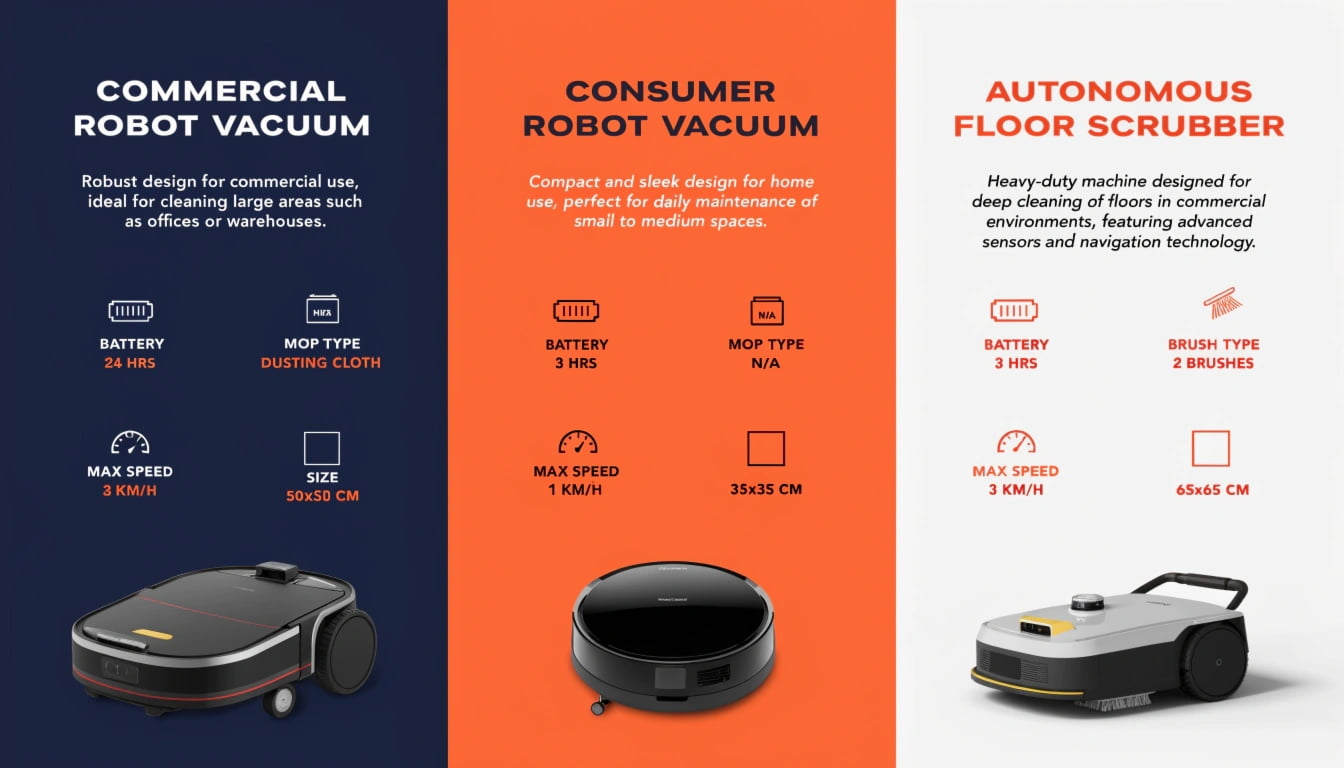 Commercial Robot Vacuum vs Consumer Robot Vacuum Specification Comparison commercial robot vacuum vs consumer robot vacuum comparison autonomous floor scrubber specifications